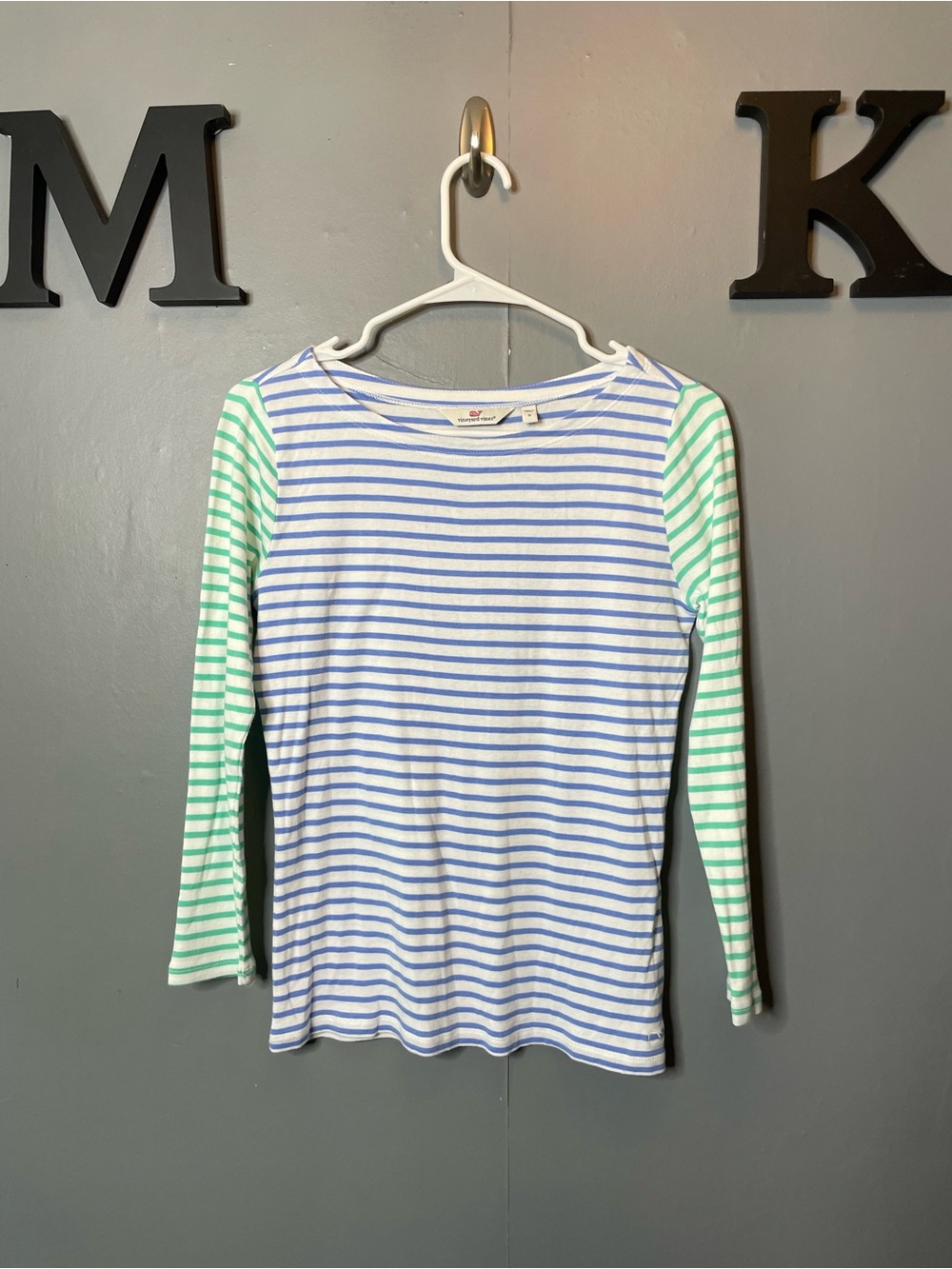Vineyard Vines Blue and Green Stripe Boat Neck Long sleeve women's size small